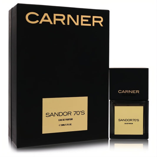 Carner Sandor 70's unisex eau de parfum, 1.7 oz. Black glass bottle and box with bold gold labels, evoking 70's glamour.