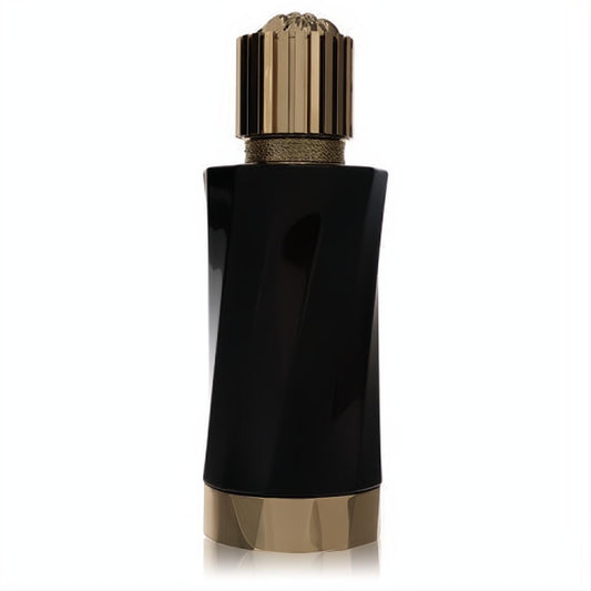 Luxurious Santal Boise by Versace EDP spray. Sleek black glass bottle with a unique twisted design and elegant gold cap.
