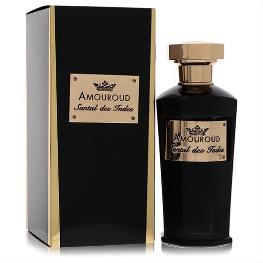 Amouroud Santal des Indes 3.4 oz EDP. Elegant black bottle with gold cap and matching luxury box.