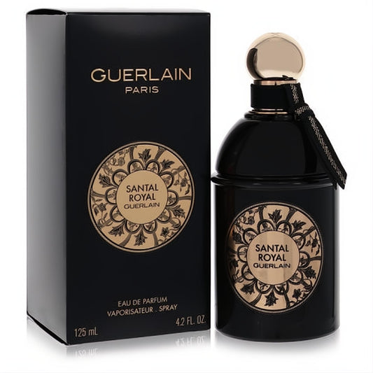 Santal Royal Guerlain 4.2 oz EDP. Luxurious black bottle with gold cap, ribbon, and ornate label, displayed with its elegant box.