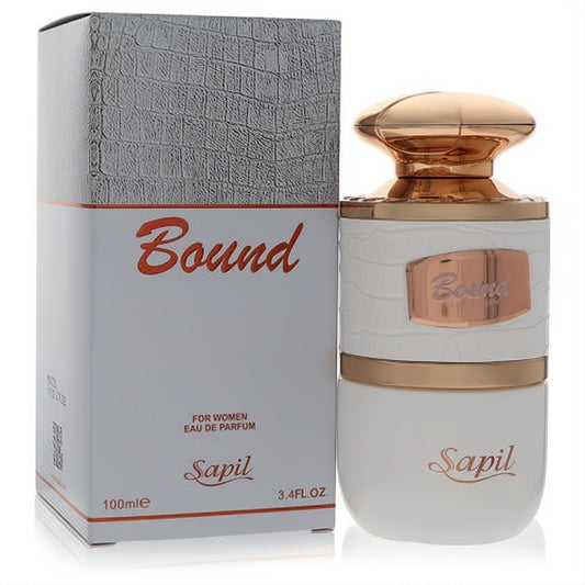 Sophisticated Sapil Bound women's fragrance, 3.4 oz, featuring a white bottle with gold cap and elegant crocodile-skin texture.