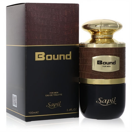 Elevate your scent with Sapil Bound for men, a 3.4 oz EDT. Sleek black bottle, rich gold cap, and sophisticated brown textured band.