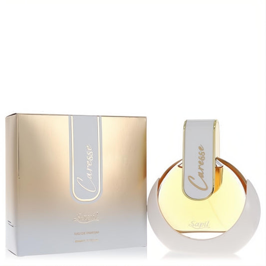 Elegant Sapil Caresse Eau De Parfum 2.7 oz for women. Distinctive gold and white crescent bottle with matching luxurious box.
