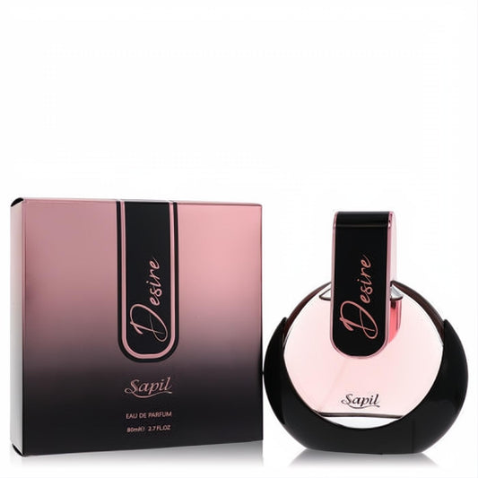 Sapil Desire 2.7 oz Eau De Parfum for women. Elegant rose gold and black round bottle with sleek design and matching box.