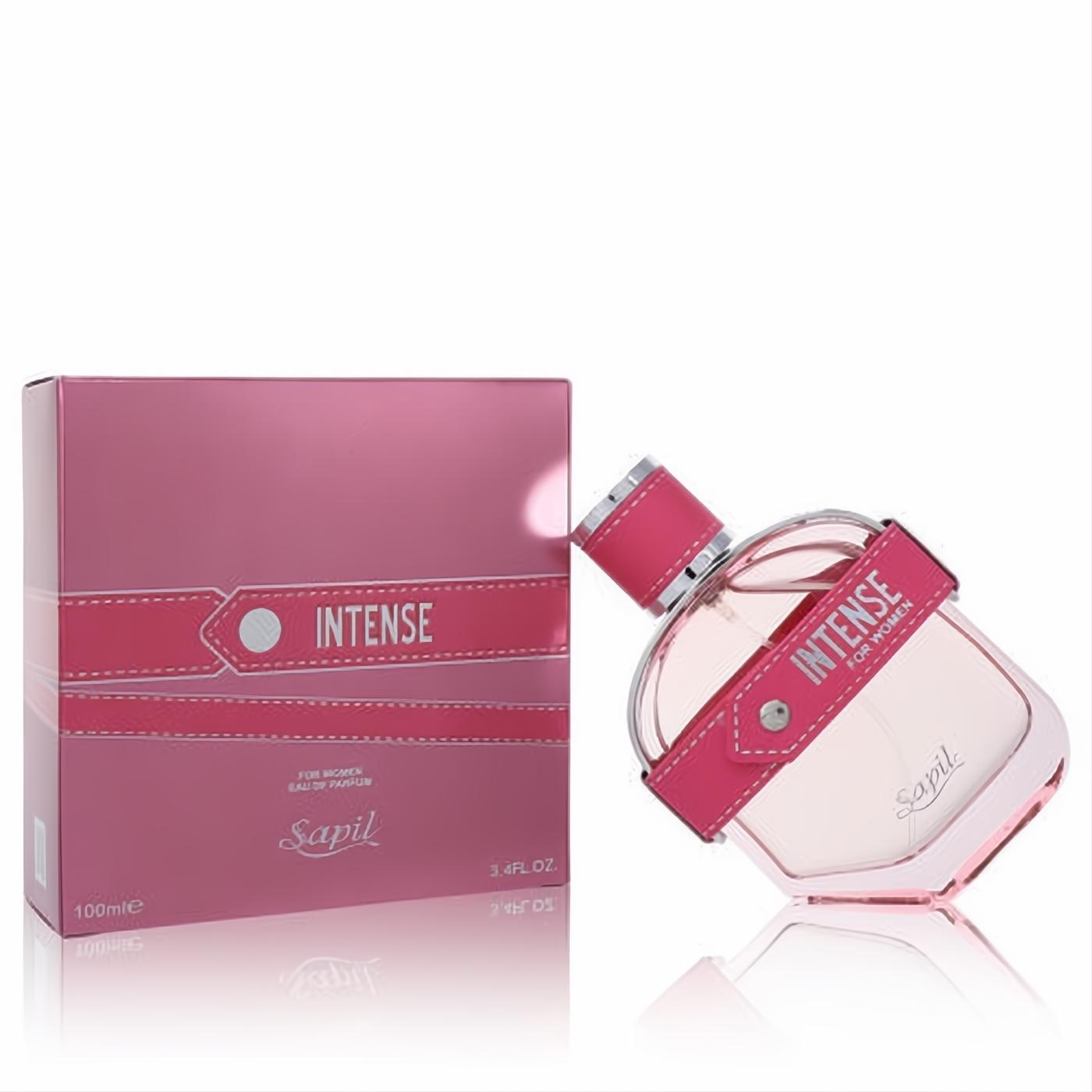 Sapil Intense for Women 3.4 oz EDP. Bold pink bottle with silver-studded faux leather strap and matching box.