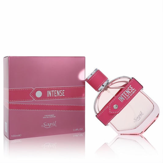 Sapil Intense for Women 3.4 oz EDP. Bold pink bottle with silver-studded faux leather strap and matching box.