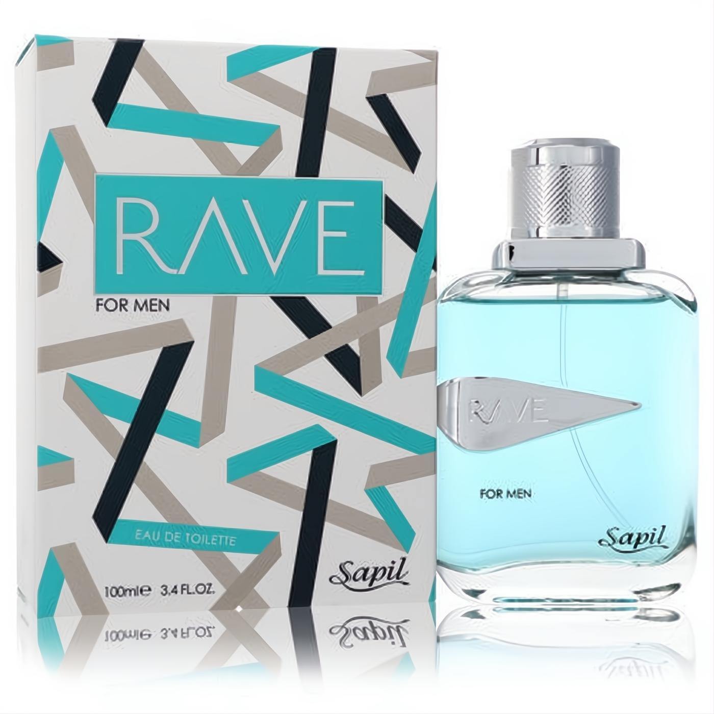 Sapil Rave 3.4 oz men's EDT: sleek bottle with vibrant blue fragrance, silver cap, and modern geometric box.