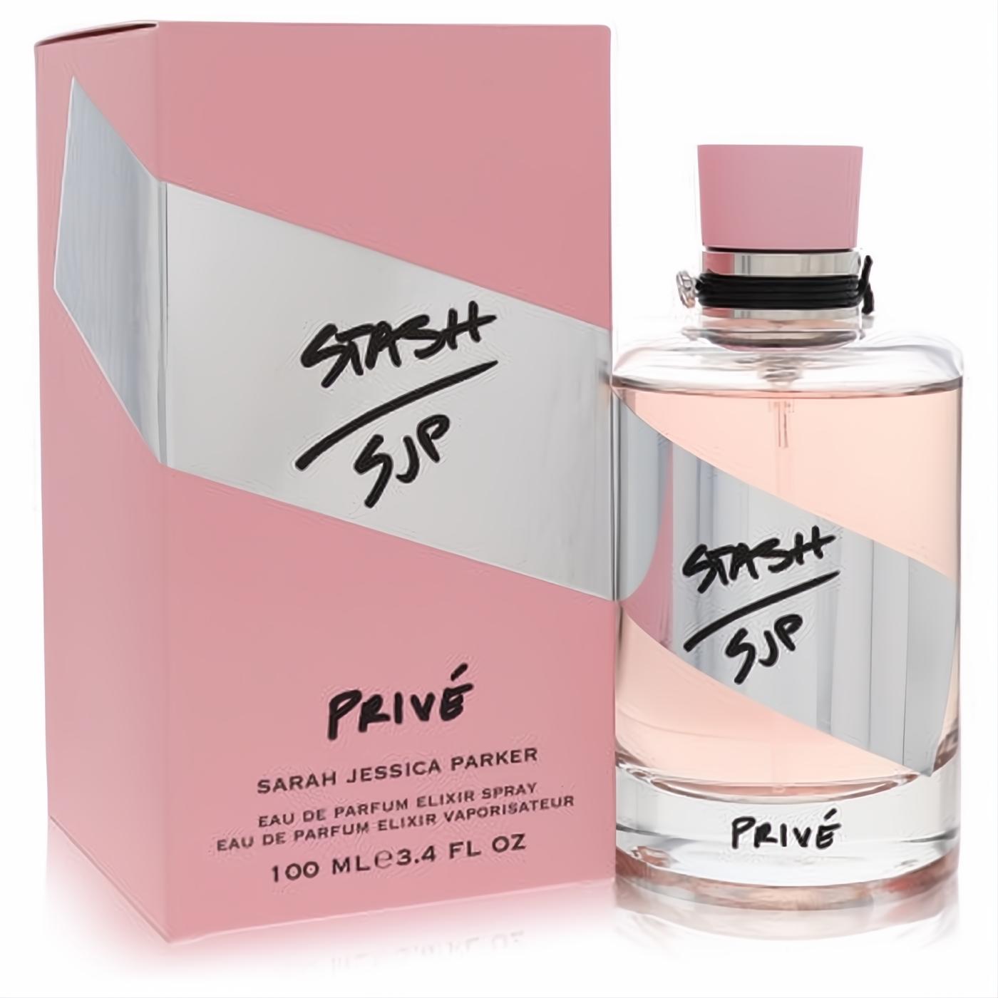 Captivating SJP Stash Prive 3.4 oz perfume: clear glass bottle with soft pink elixir, elegant pink cap, and chic pink & silver box.