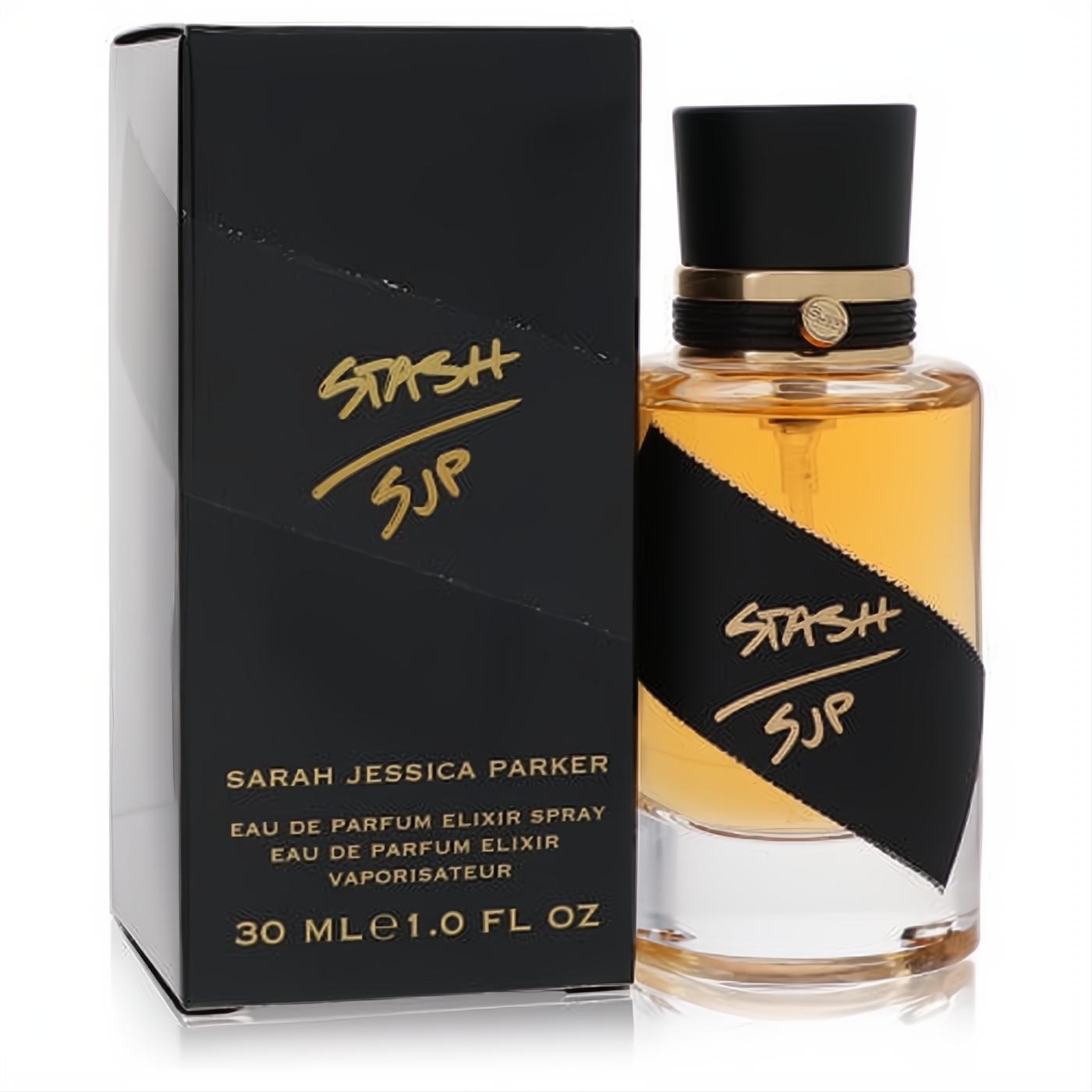 SJP Stash 1 oz EDP Elixir spray. Amber liquid in a clear glass bottle with a bold black and gold label, next to its sleek black box.
