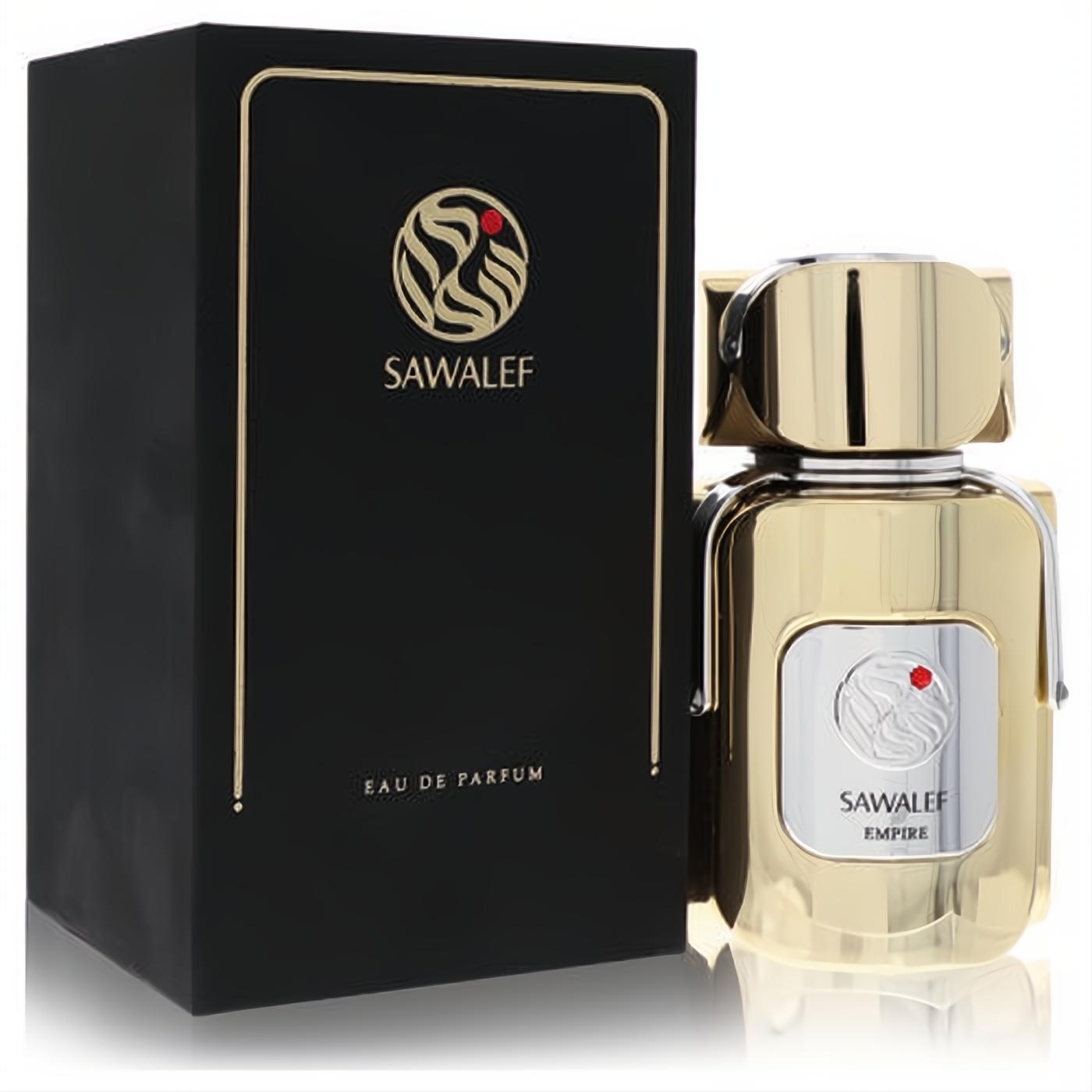 Sawalef Empire 3.4 oz unisex Eau De Parfum in a luxurious gold bottle with a silver label, beside its elegant black and gold box.