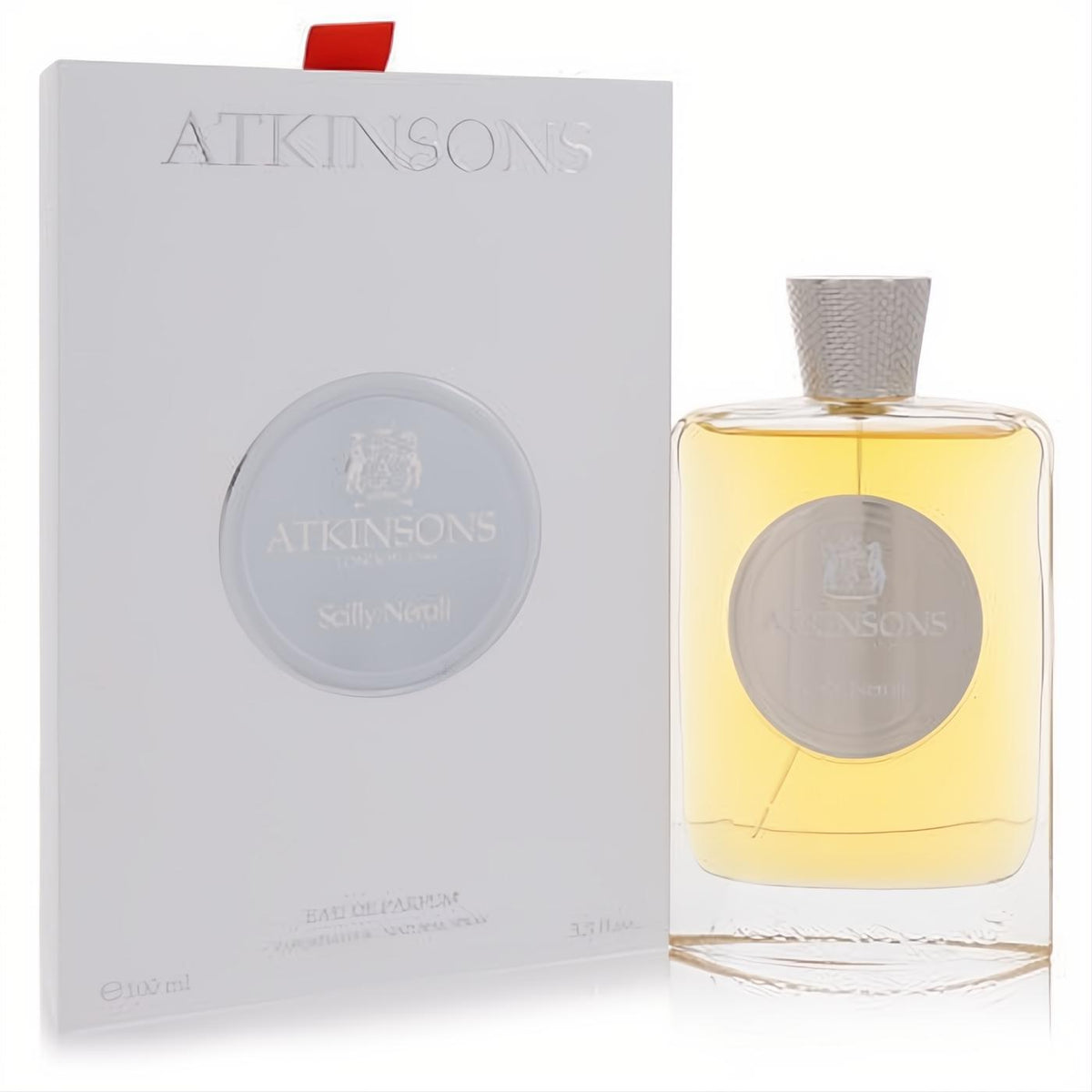 Luxurious Atkinsons Scilly Neroli 3.3 oz Eau De Parfum spray in a clear bottle with silver cap, alongside its elegant white and silver box.