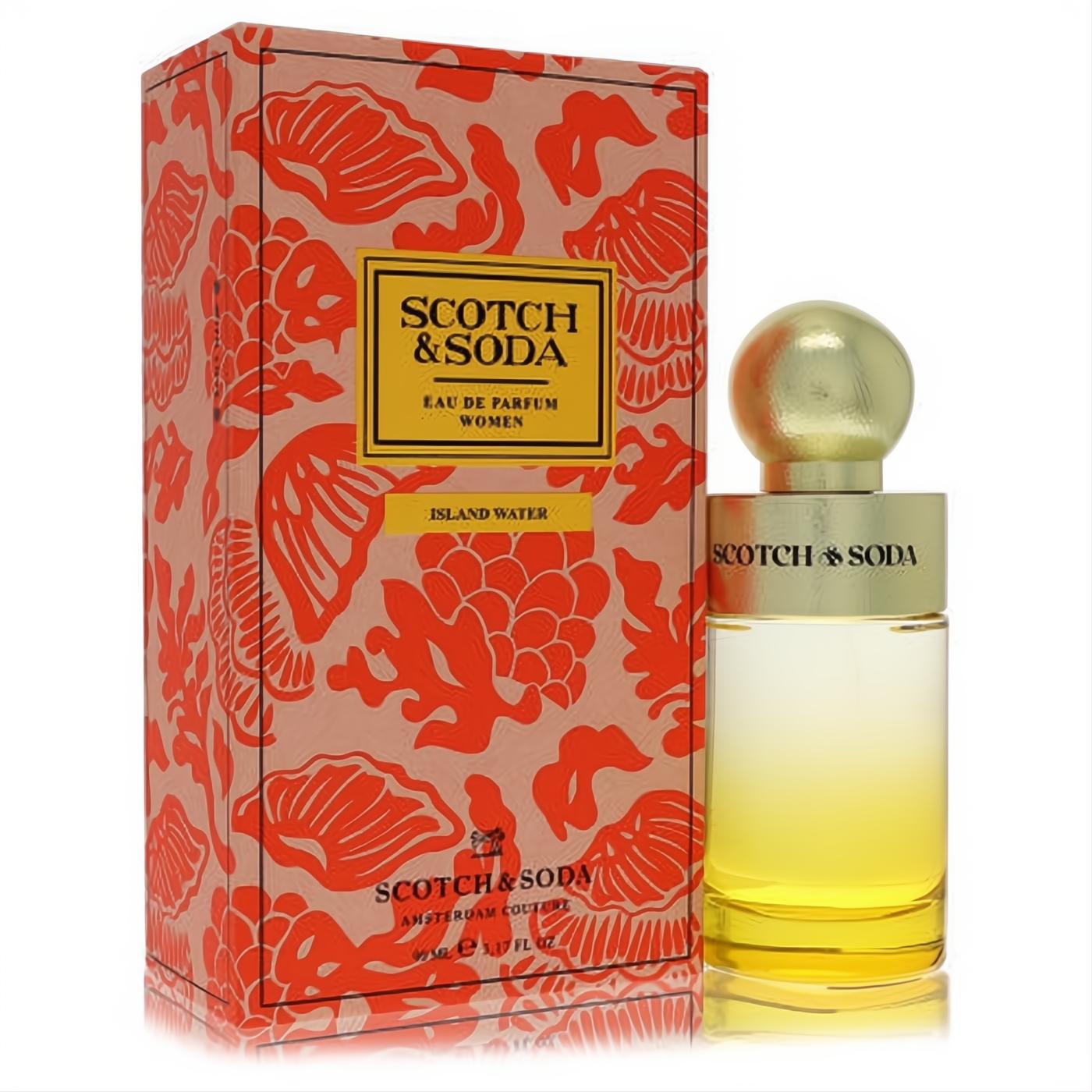Scotch & Soda Island Water 3.17 oz EDP. Elegant clear glass bottle with yellow liquid, gold cap, and a striking red coral-patterned box.