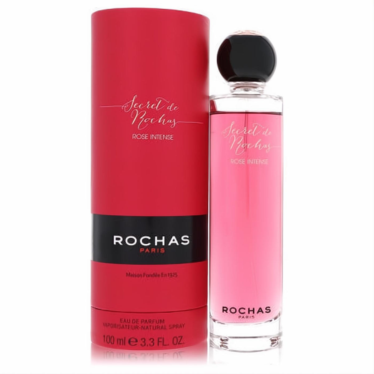 Secret De Rochas Rose Intense perfume, 3.3 oz, in a tall pink bottle with a black cap, next to its red cylindrical box.