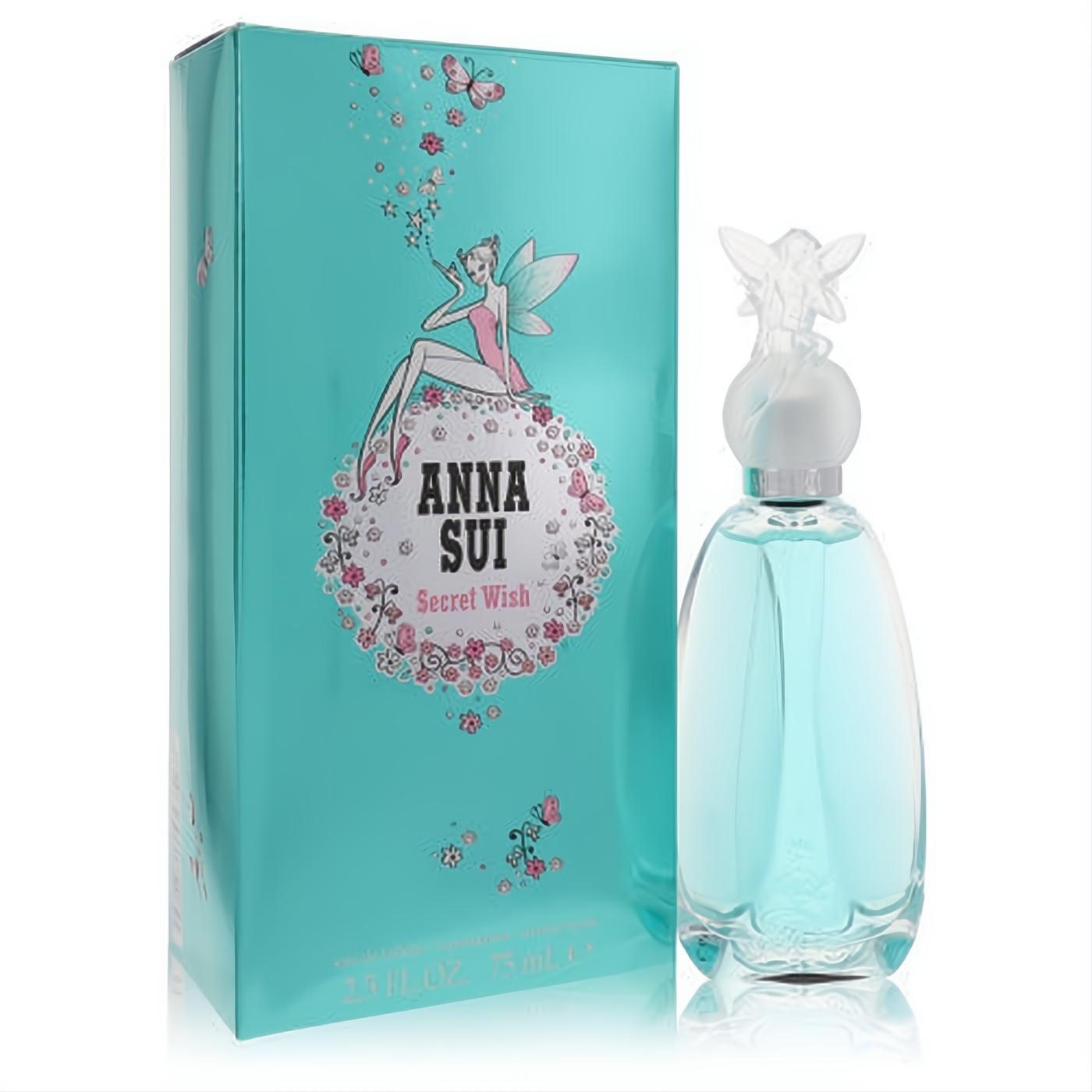 Anna Sui Secret Wish 2.5 oz EDT spray. Captivating turquoise box with fairy design, elegant glass bottle with frosted fairy stopper.