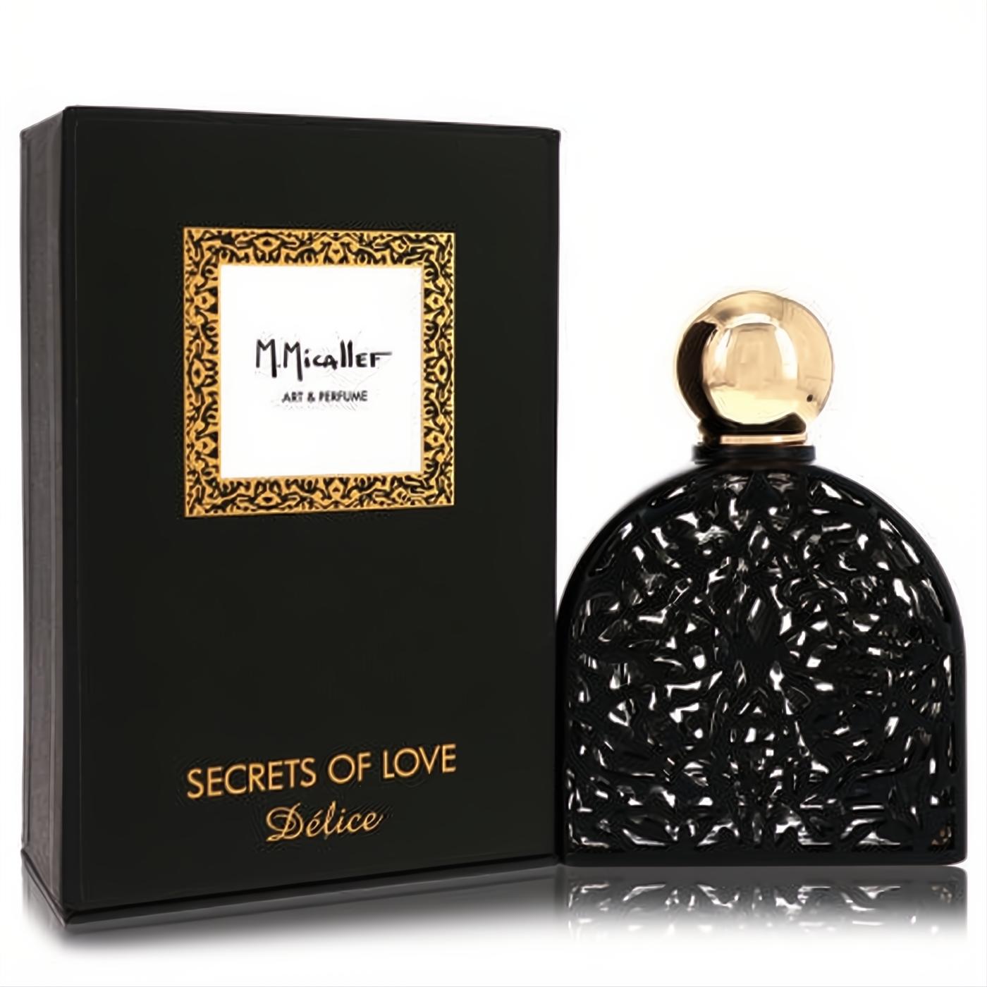 M. Micallef Secrets of Love Delice 2.5 oz EDP. Stunning black ornate bottle, intricate cut-out design, gold cap, and elegant matching box.