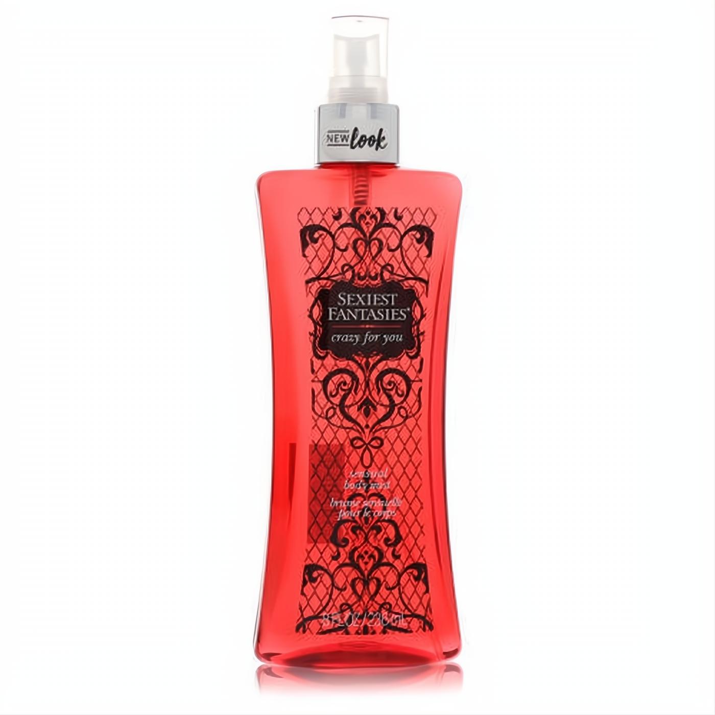 Sensual red Sexiest Fantasies Crazy For You body mist, 8 oz, featuring a chic black lace design and 'NEW look' sprayer.