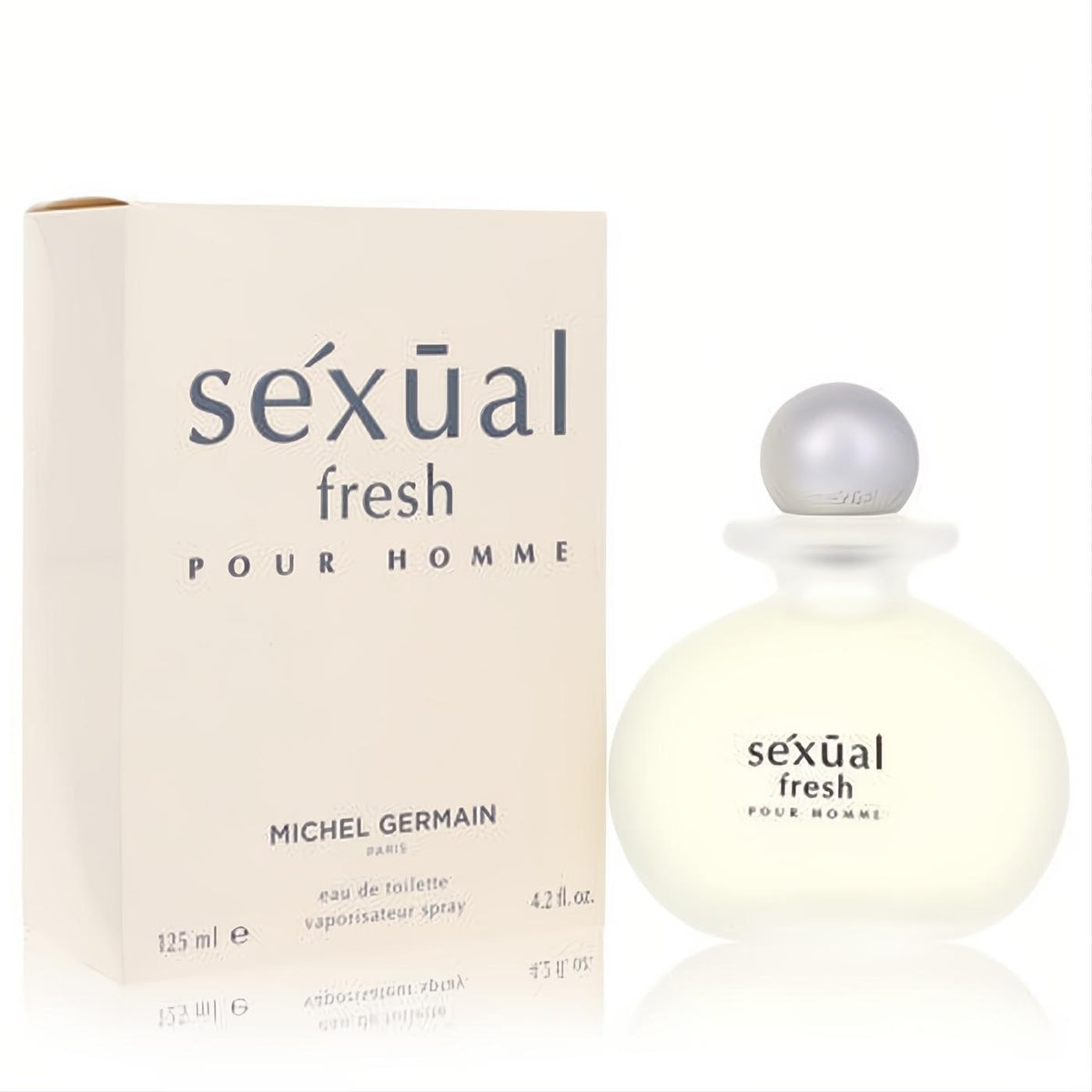 Michel Germain Sexual Fresh 4.2 oz men's cologne. Frosted cream bottle, silver cap, and elegant beige box for a fresh fragrance.
