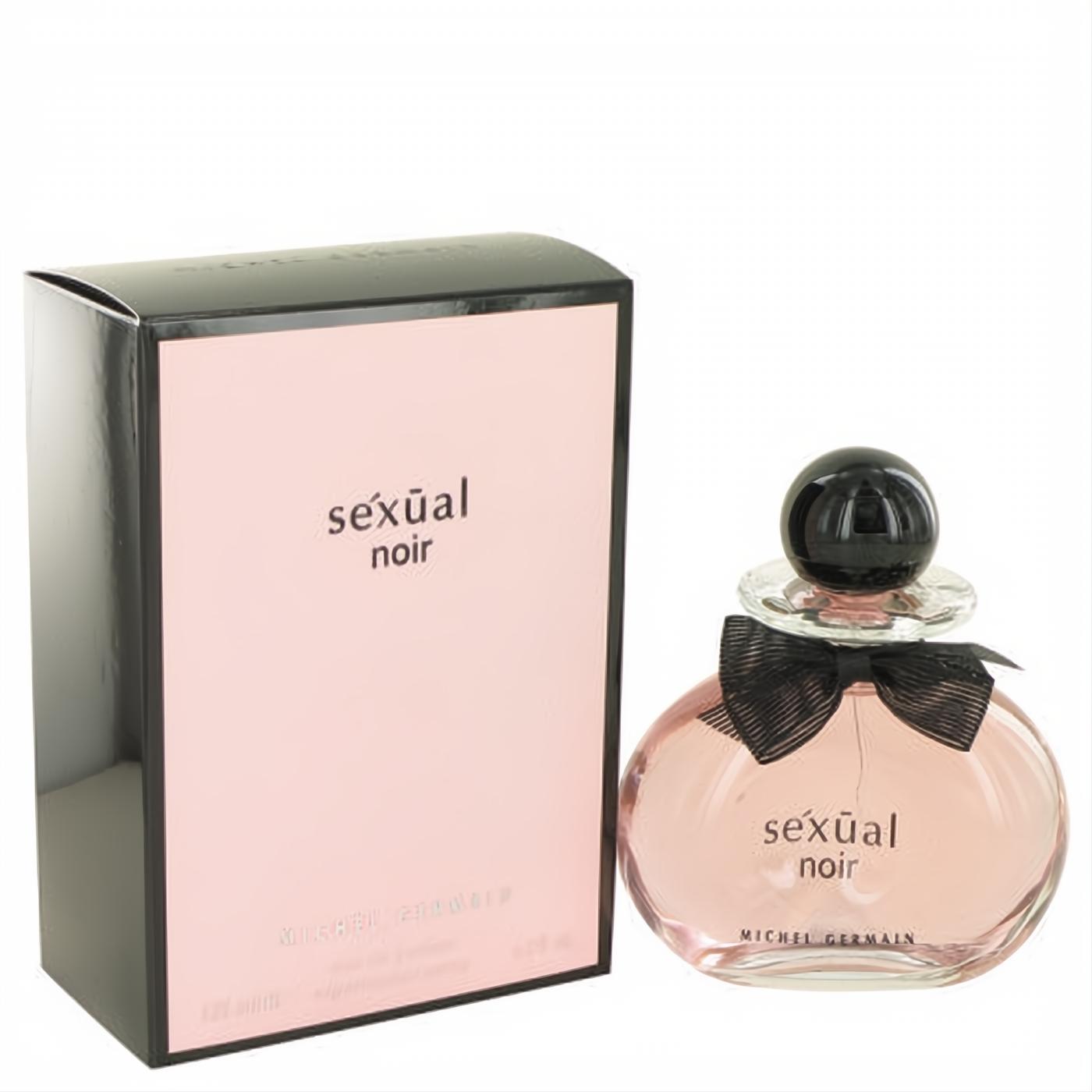Captivating Sexual Noir 4.2 oz women's EDP. Light pink fragrance in an elegant clear bottle with a black bow and cap.