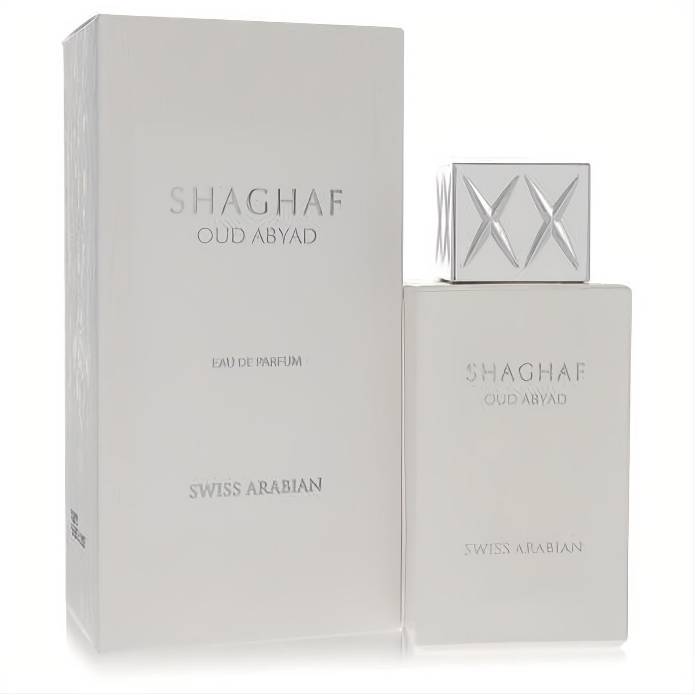 Shaghaf Oud Abyad Swiss Arabian unisex EDP. Modern white bottle, silver XX cap, and matching luxury packaging.