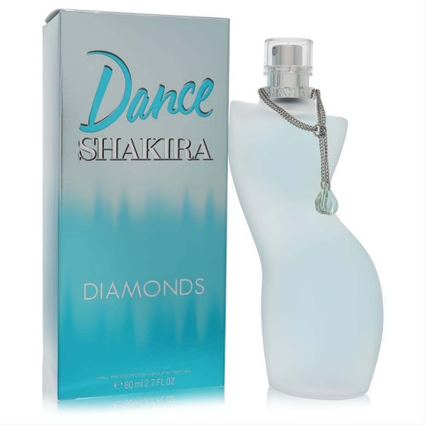 Shakira Dance Diamonds 2.7 oz EDT. Curvy frosted blue bottle with a sparkling chain, paired with its vibrant blue box.