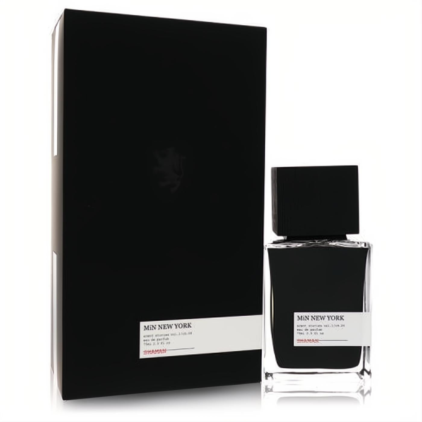 Min New York Shaman 2.5 oz unisex EDP. Elegant black and clear glass bottle with a minimalist white label and matching matte black box.