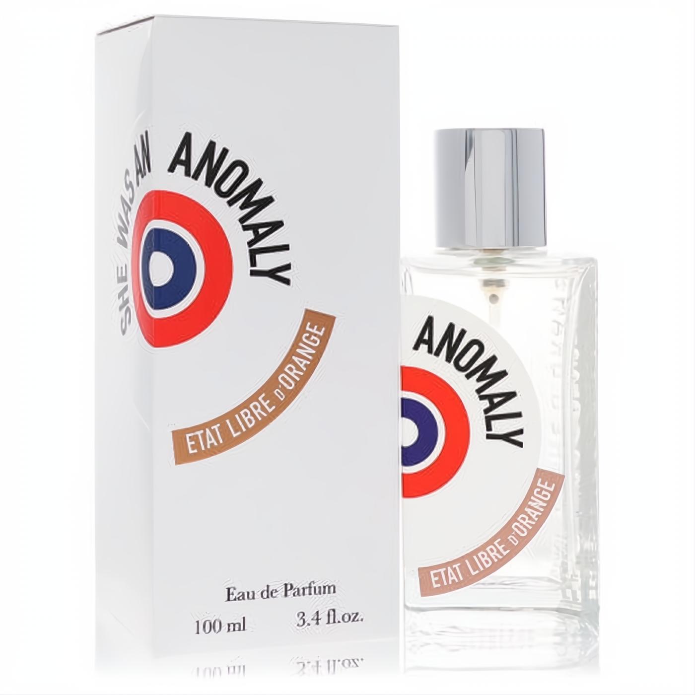 Distinct She Was an Anomaly 3.4 oz EDP in clear glass bottle with silver cap and white box, unique red/blue logo.