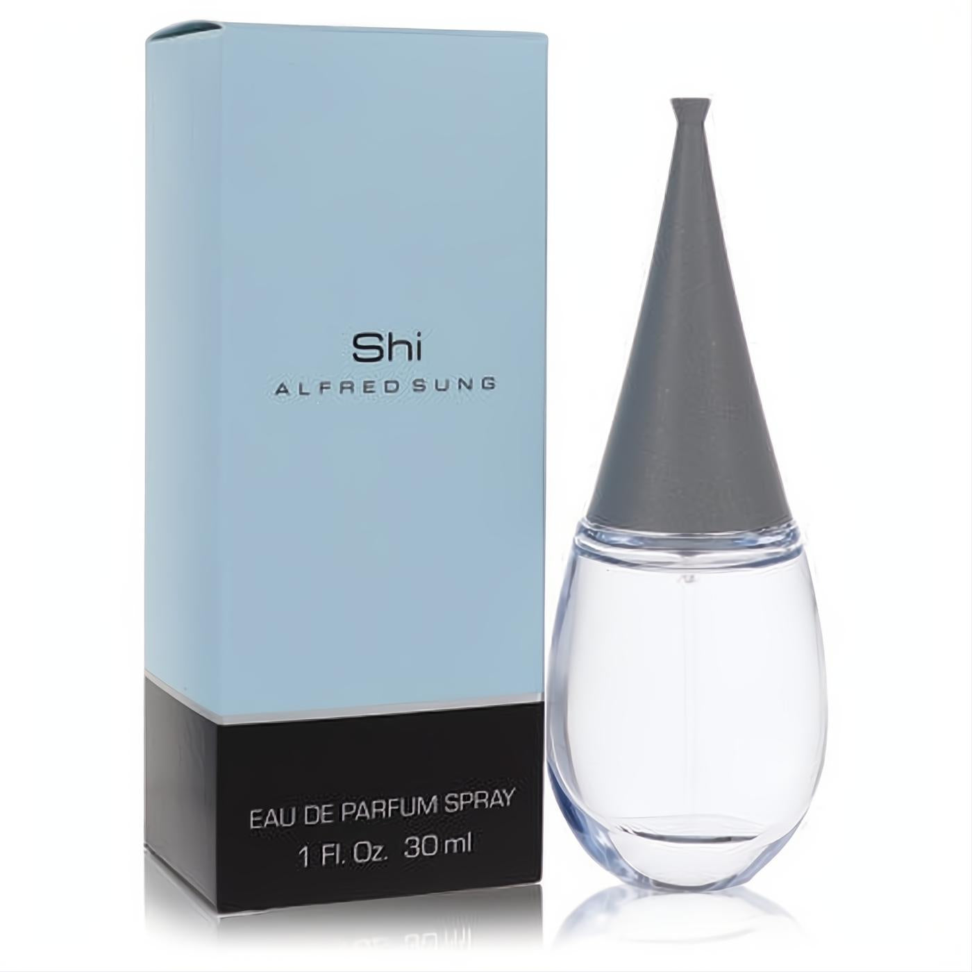 Shi by Alfred Sung 1 oz women's EDP spray. Clear water drop bottle with sleek gray cap, beside its elegant light blue & black box.
