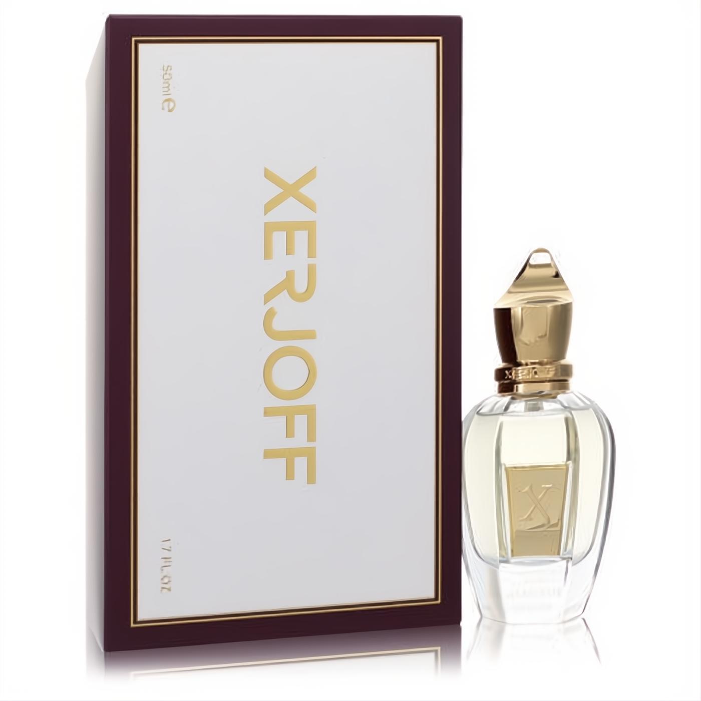 Luxurious Xerjoff Shooting Stars Allende 1.7 oz EDP in an elegant clear glass bottle with a gold cap, and its white, burgundy box.