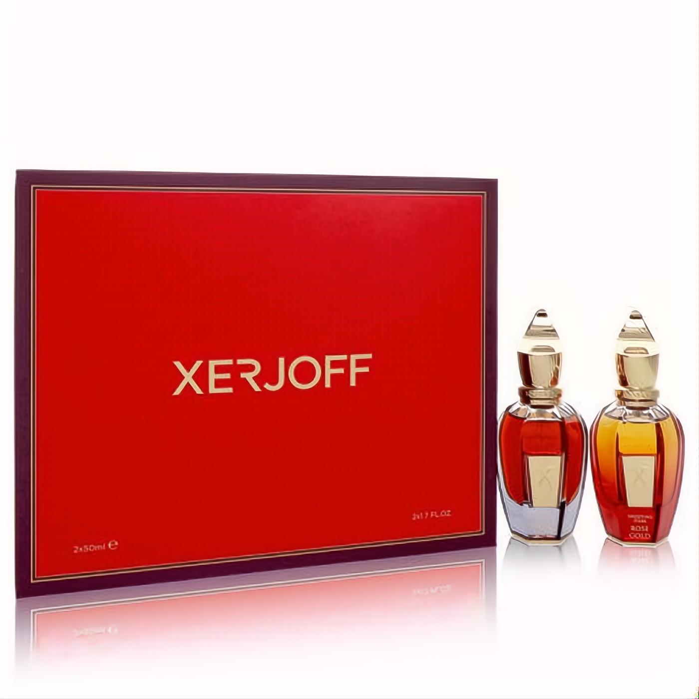 Exquisite Xerjoff Shooting Stars Amber Gold & Rose Gold 1.7 oz EDP gift set. Red box, two amber-hued glass bottles with gold caps.