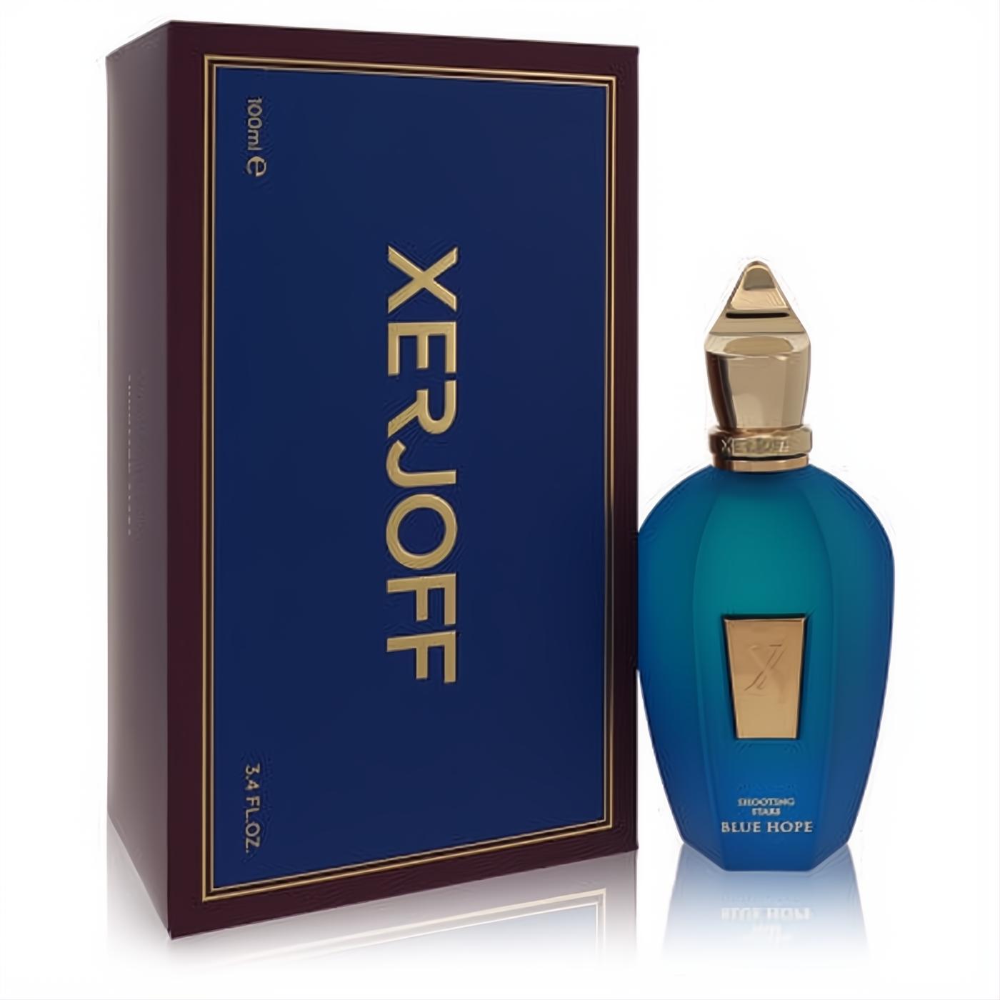 Luxurious Xerjoff Shooting Stars Blue Hope Uni 3.4 oz EDP. Teal fluted bottle with ornate gold cap, beside its elegant blue and gold box.