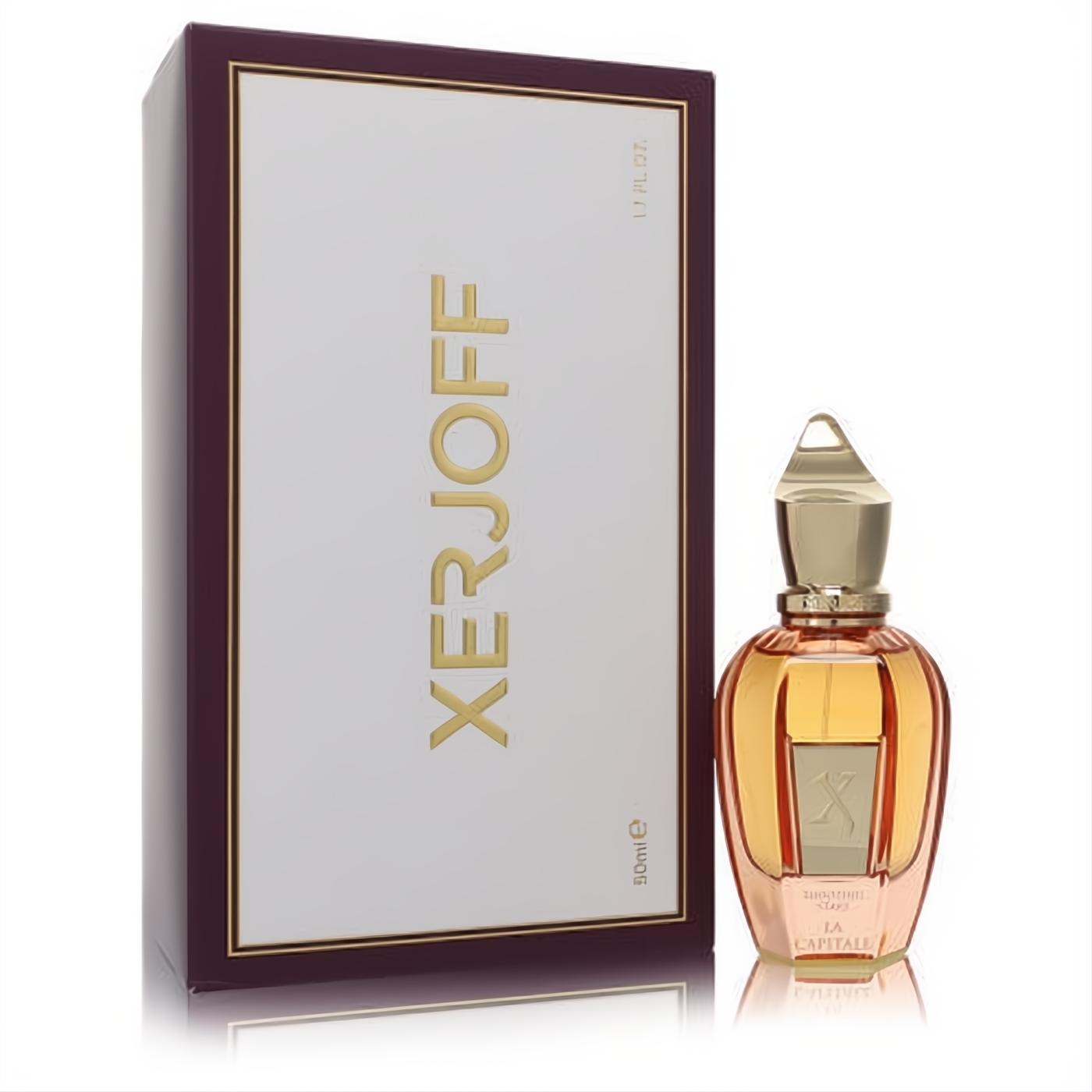 Discover Xerjoff La Capitale 1.7 oz unisex EDP. A luxurious amber bottle with a distinctive gold cap, presented with its elegant white and burgundy box.