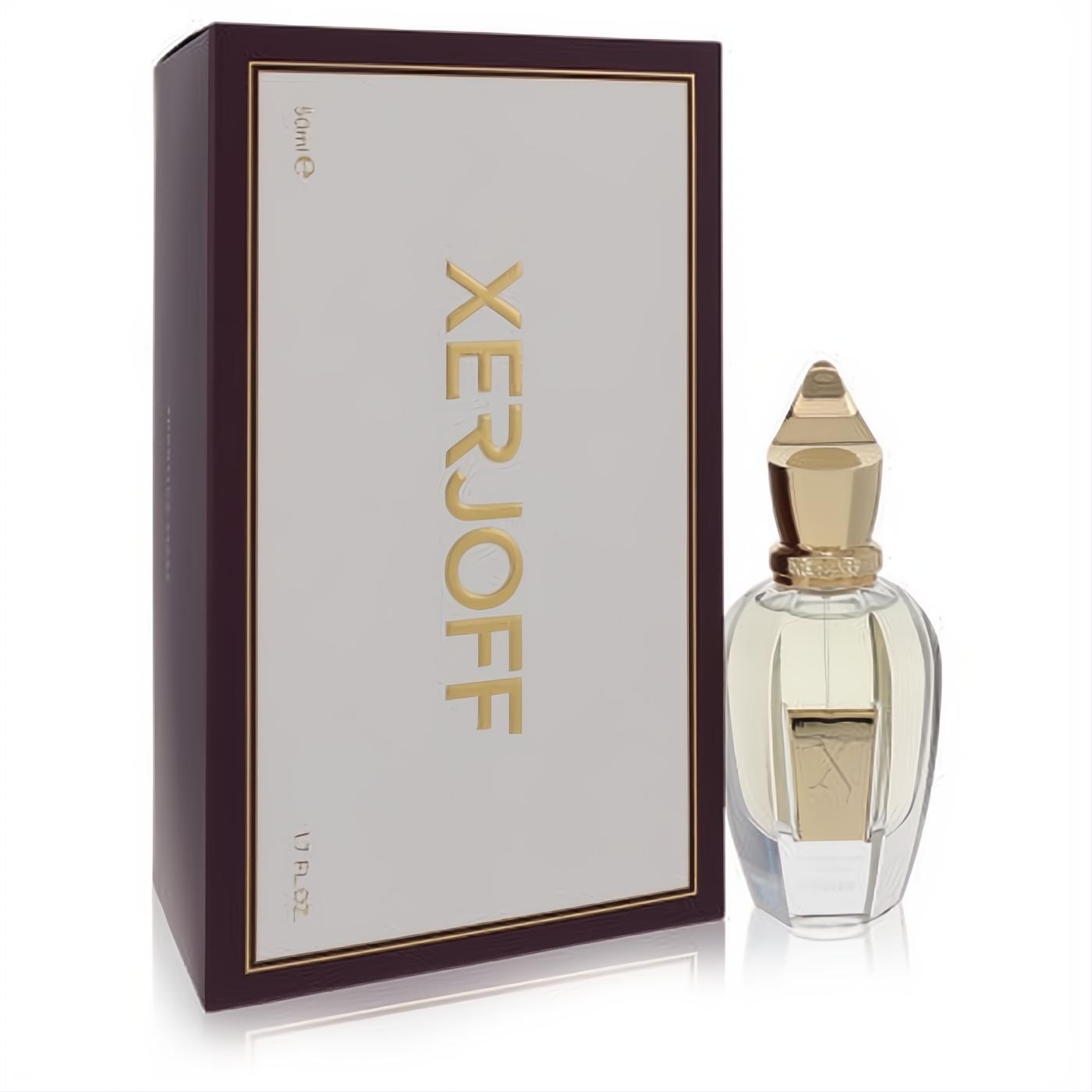 Xerjoff Shooting Stars Nio 1.7 oz EDP. Elegant gold-capped clear glass bottle with 'X' emblem, beside a cream & burgundy box.