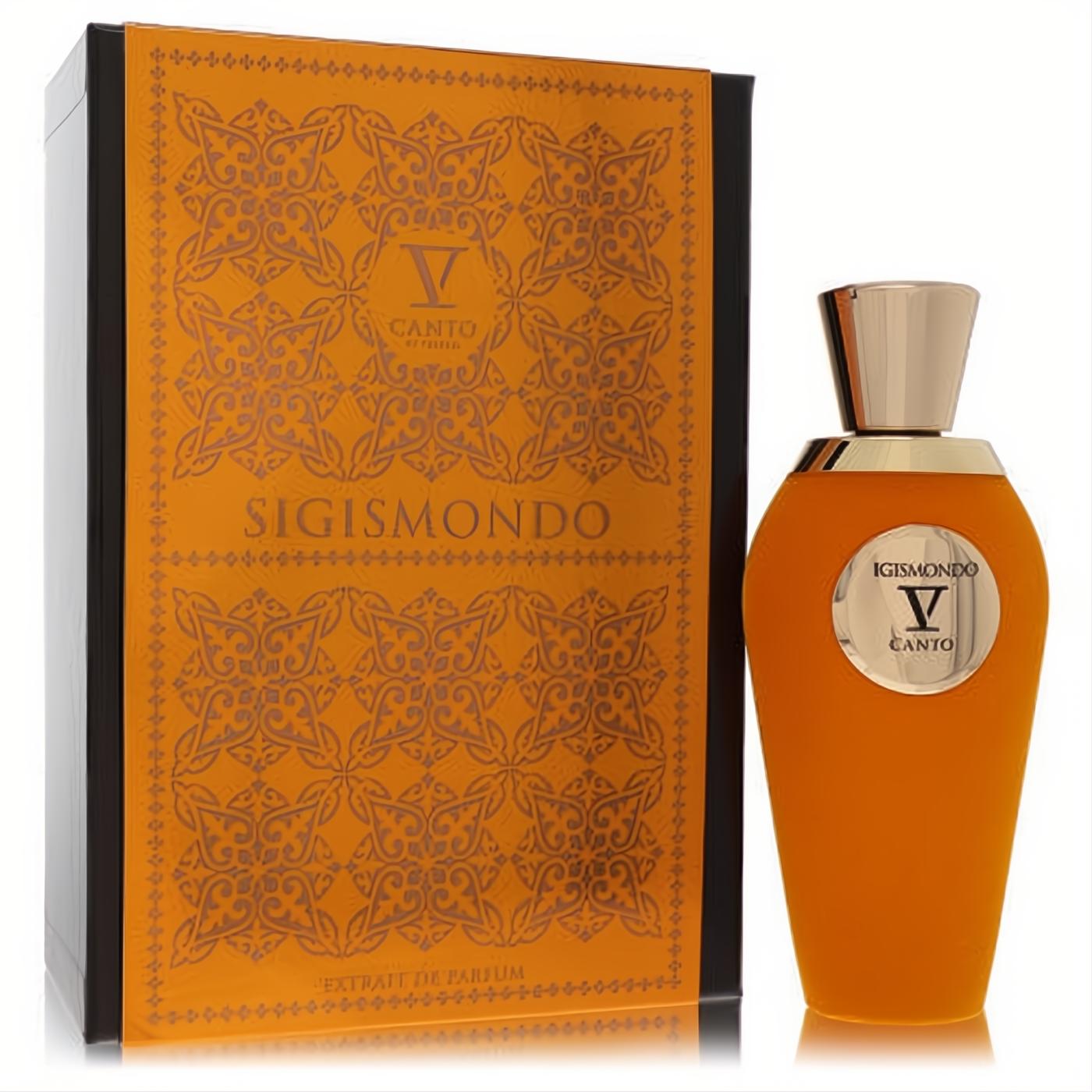 V Canto Sigismondo V Extrait De Parfum: elegant orange bottle, luxurious gold cap, and ornate black & orange box.