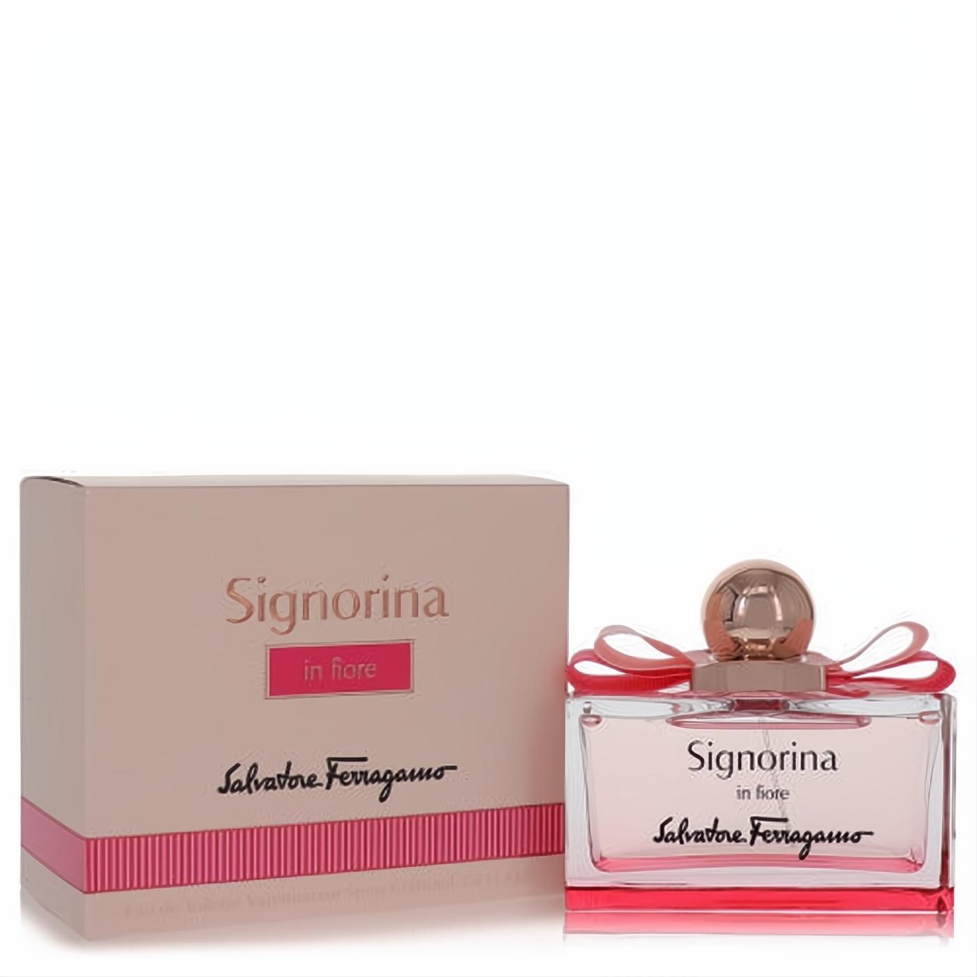 Salvatore Ferragamo Signorina In Fiore women's perfume. Pink box and elegant glass bottle with rose gold cap and charming pink bow.