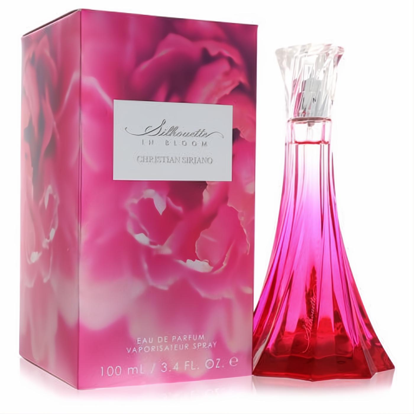 Elegant Christian Siriano Silhouette In Bloom 3.4 oz EDP. Features a stunning fuchsia pink bottle with a faceted cap and a beautiful floral box.