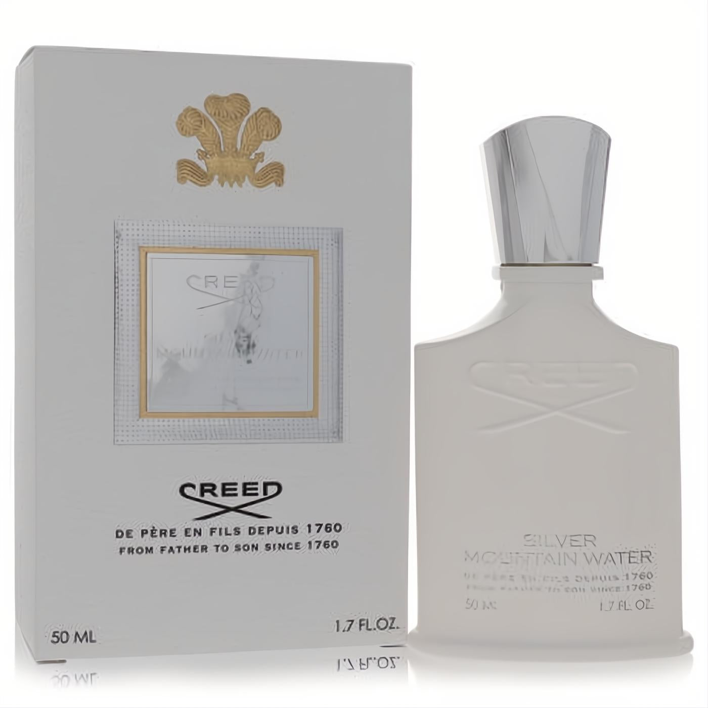 Sleek white Creed Silver Mountain Water 1.7 oz EDP bottle with faceted silver cap and elegant white packaging.