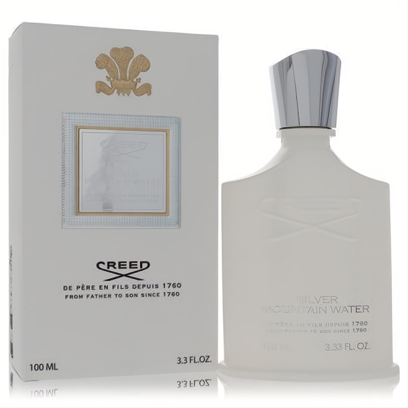 Creed Silver Mountain Water 3.3 oz EDP spray in a pristine white bottle with a textured silver cap, next to its elegant white box.