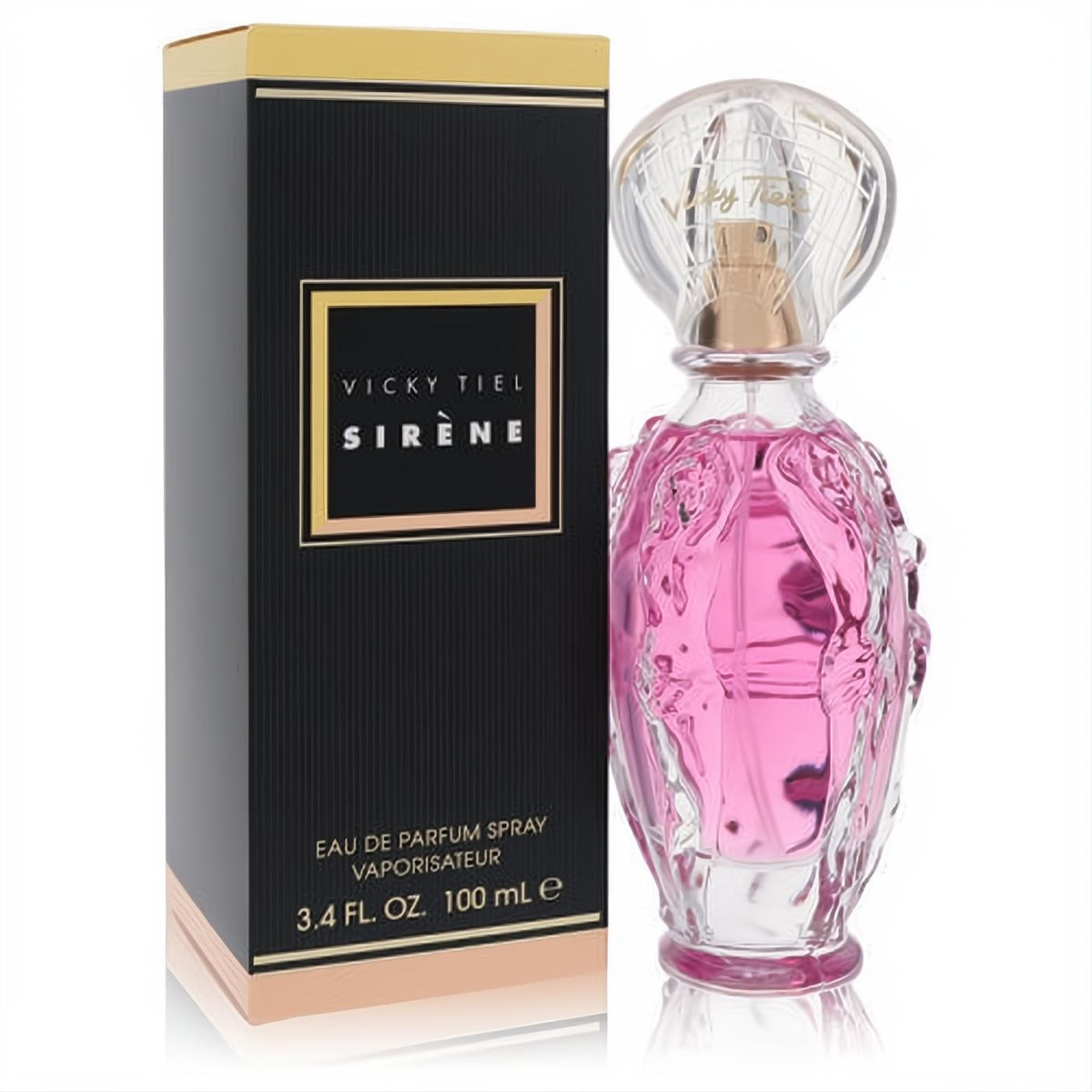 Vicky Tiel Sirene 3.4 oz Eau De Parfum. Elegant pink liquid in a unique sculpted glass bottle, presented with a chic black and gold box.