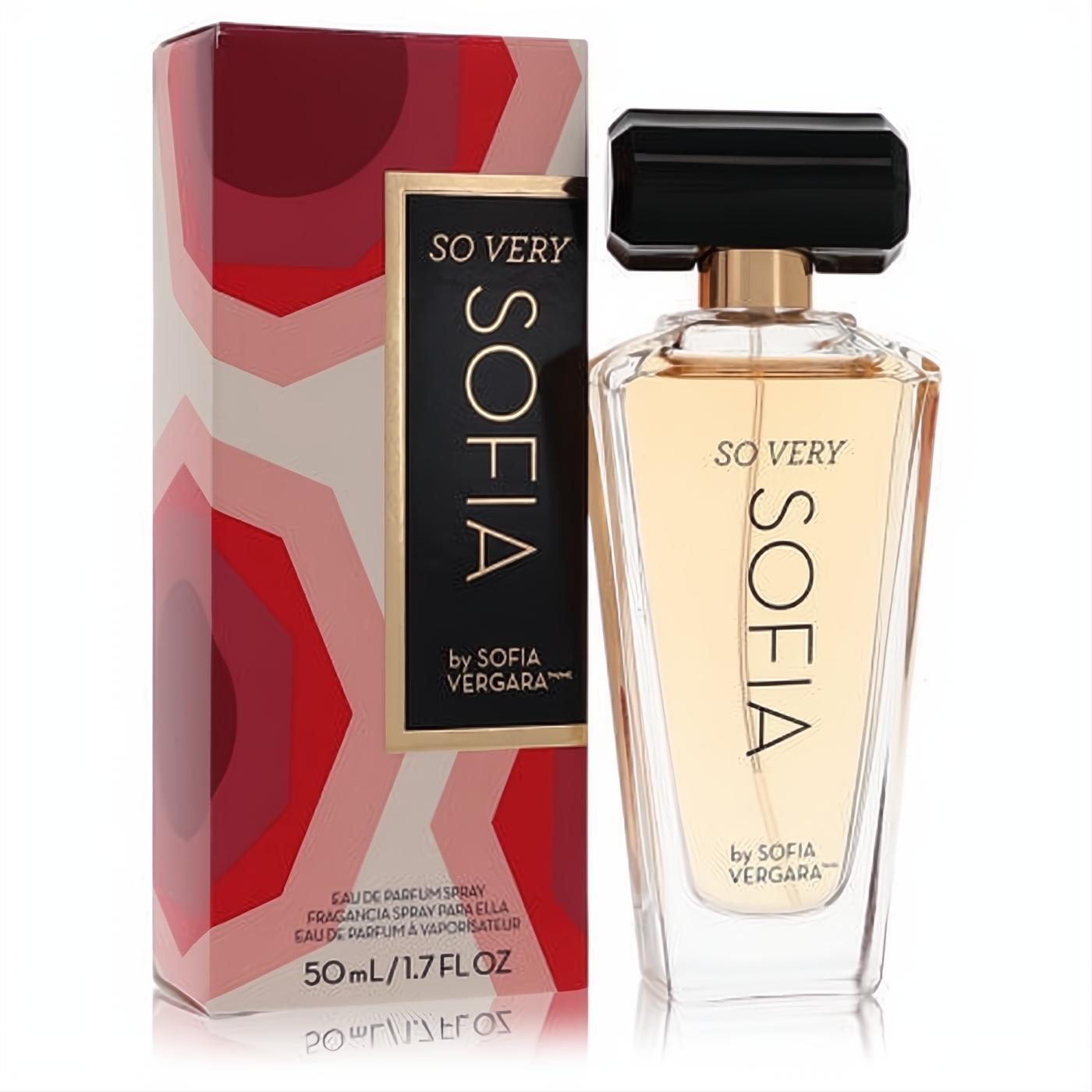 So Very Sofia by Sofia Vergara 1.7 oz EDP. Chic tapered glass bottle with gold neck, black cap, and vibrant red geometric box.