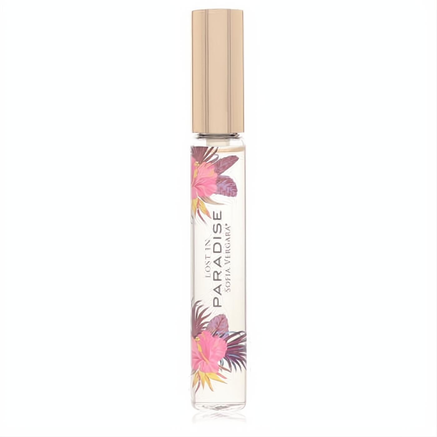 Sofia Vergara Lost in Paradise .33 oz rollerball perfume. Clear glass, rose gold cap, vibrant pink tropical floral design.
