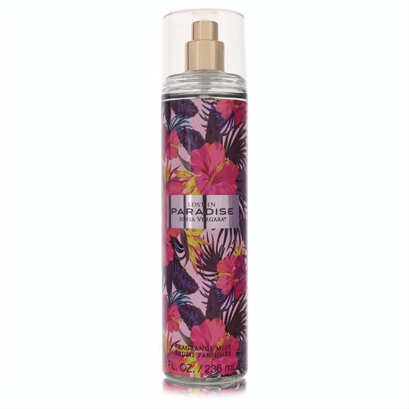 Sofia Vergara Lost In Paradise 8 oz fragrance mist. Clear bottle with vibrant pink tropical floral pattern, dark leaves, and gold sprayer.
