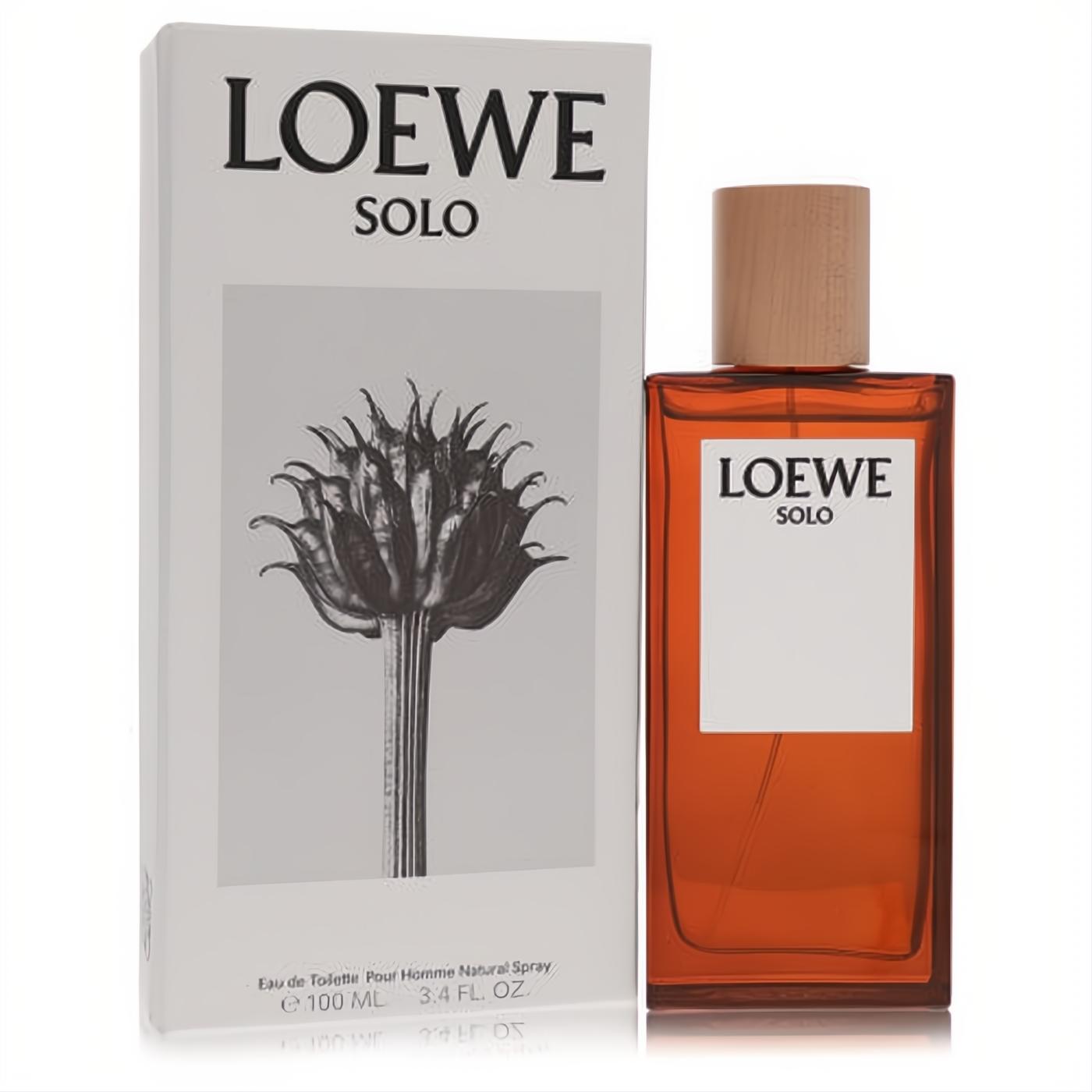 Loewe Solo 3.4 oz men's Eau De Toilette spray. Amber glass bottle, natural wood cap, and white box with unique plant art.