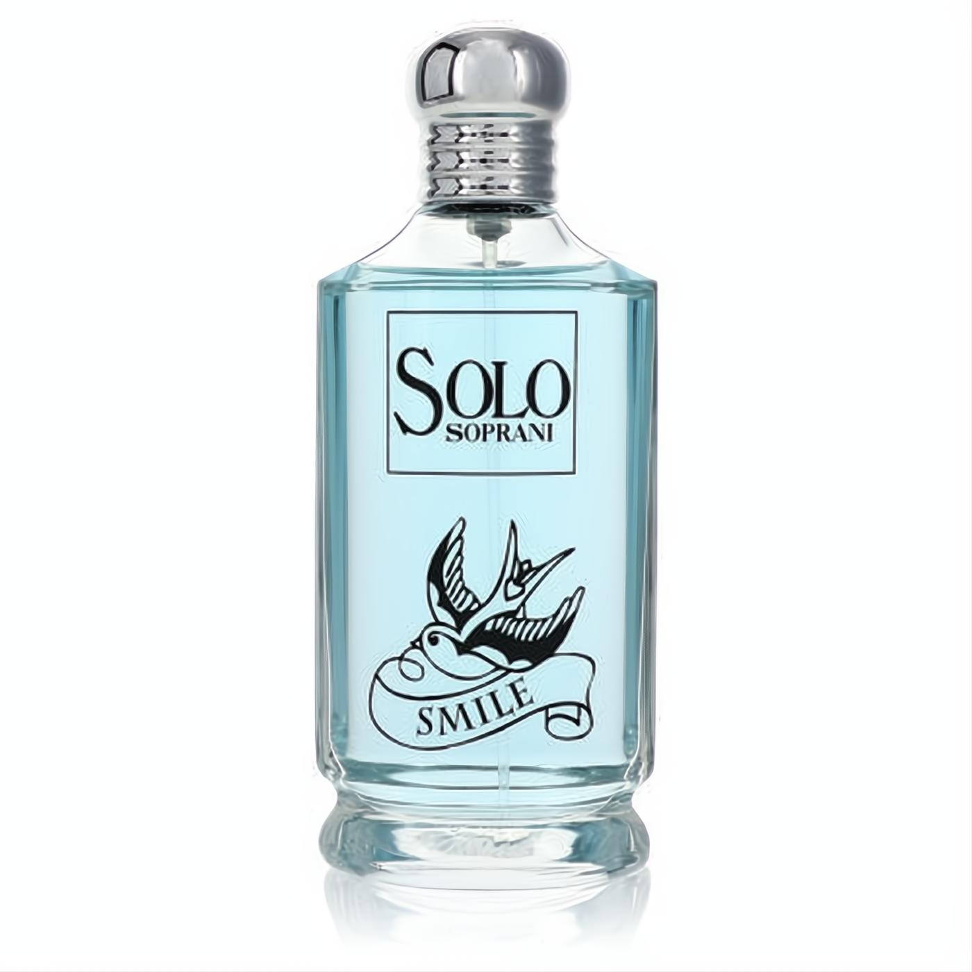 Solo Soprani Smile women's perfume: sparkling light blue fragrance in a clear glass bottle with a silver cap and elegant swallow design.