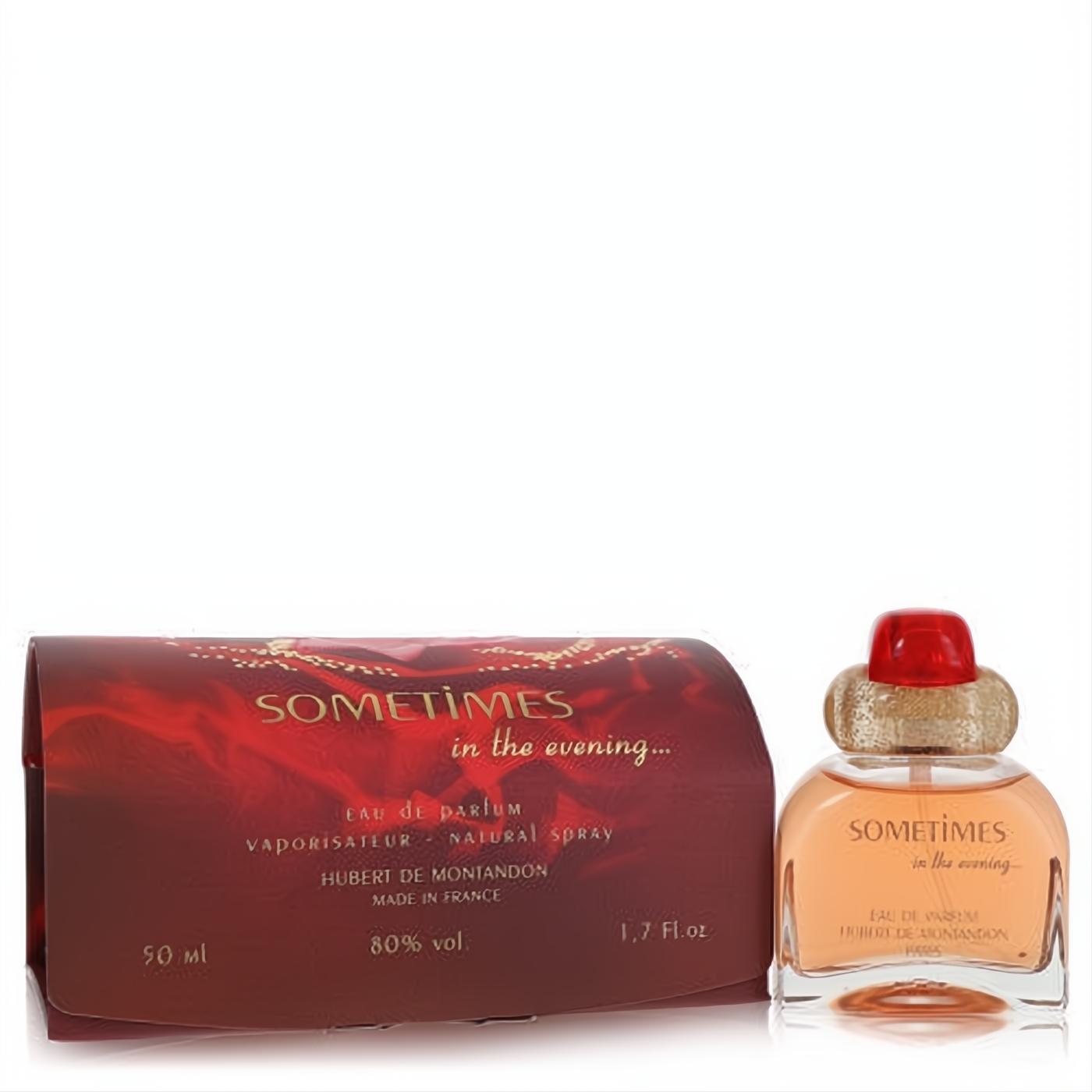 Hubert De Montandon Sometimes in the Evening 1.7 oz Eau De Parfum. Clear glass bottle with a striking red cap, gold collar, and a rich red box.