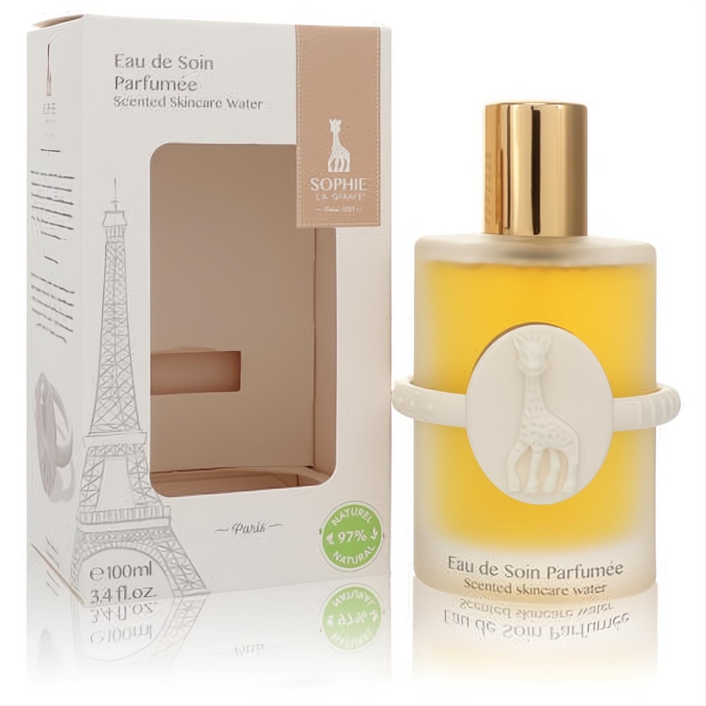 Charming Sophie La Girafe Eau de Soin Parfumee, 3.4 oz, in a frosted bottle with gold cap, iconic white giraffe ring, and elegant Eiffel Tower box.