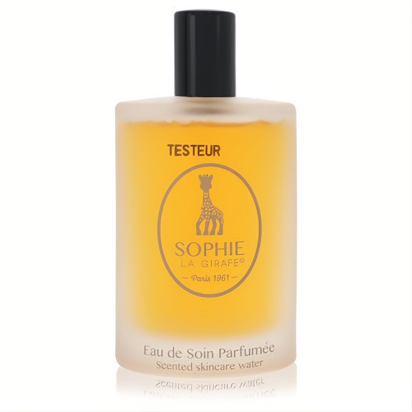 Sophisticated Sophie La Girafe Eau de Soin Parfumee tester. Frosted glass bottle with golden liquid, black cap, and iconic giraffe logo.