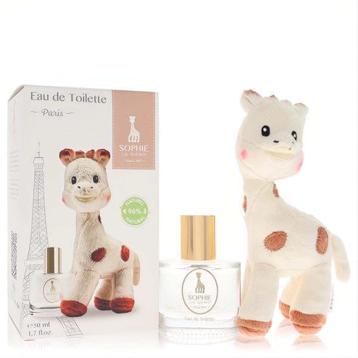 Sophie La Girafe 1.7 oz unisex Eau de Toilette spray, clear bottle with gold cap, and adorable plush giraffe toy.