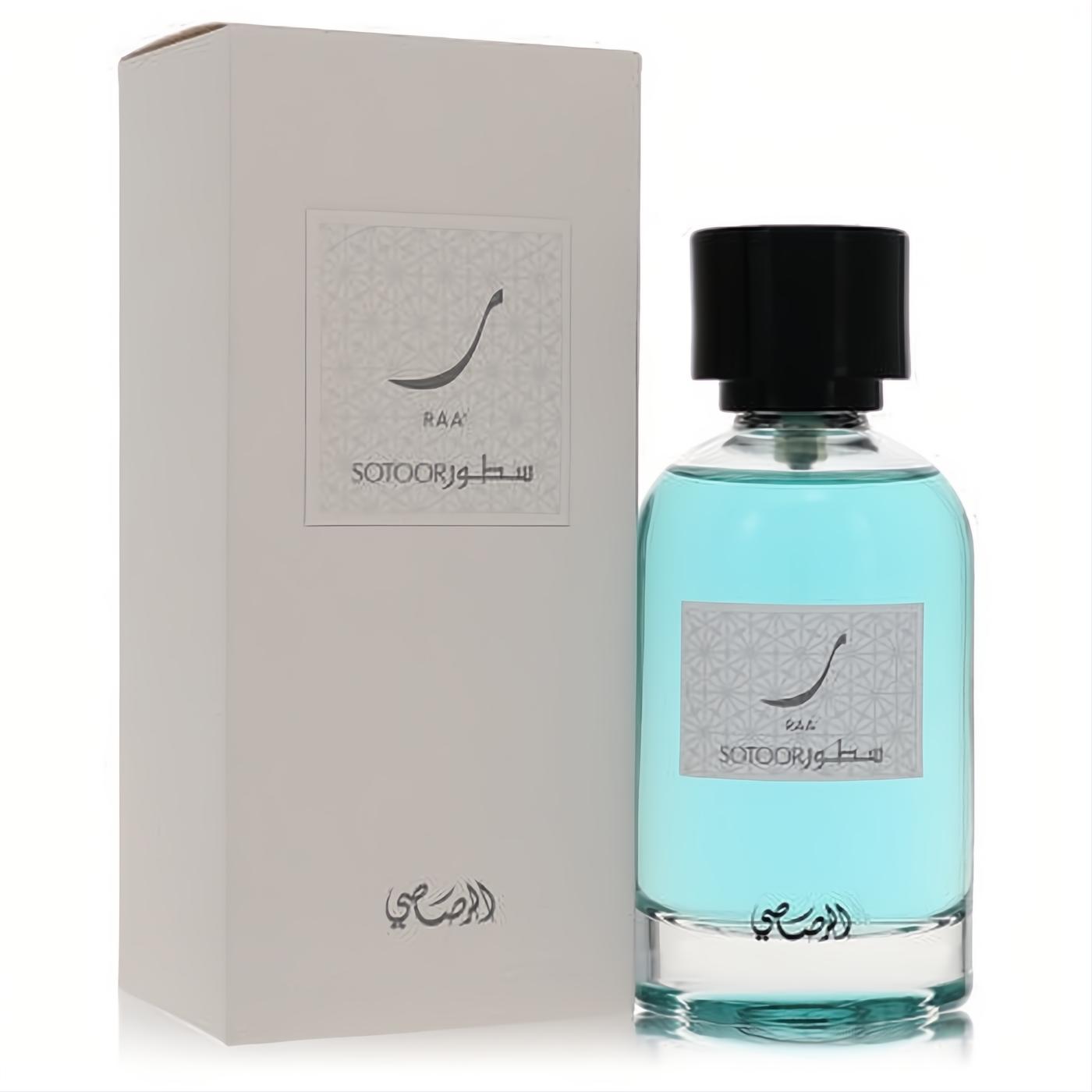 Elegant Rasasi Sotoor RAA perfume: clear glass bottle with captivating aqua blue fragrance, sleek black cap, and matching white box.