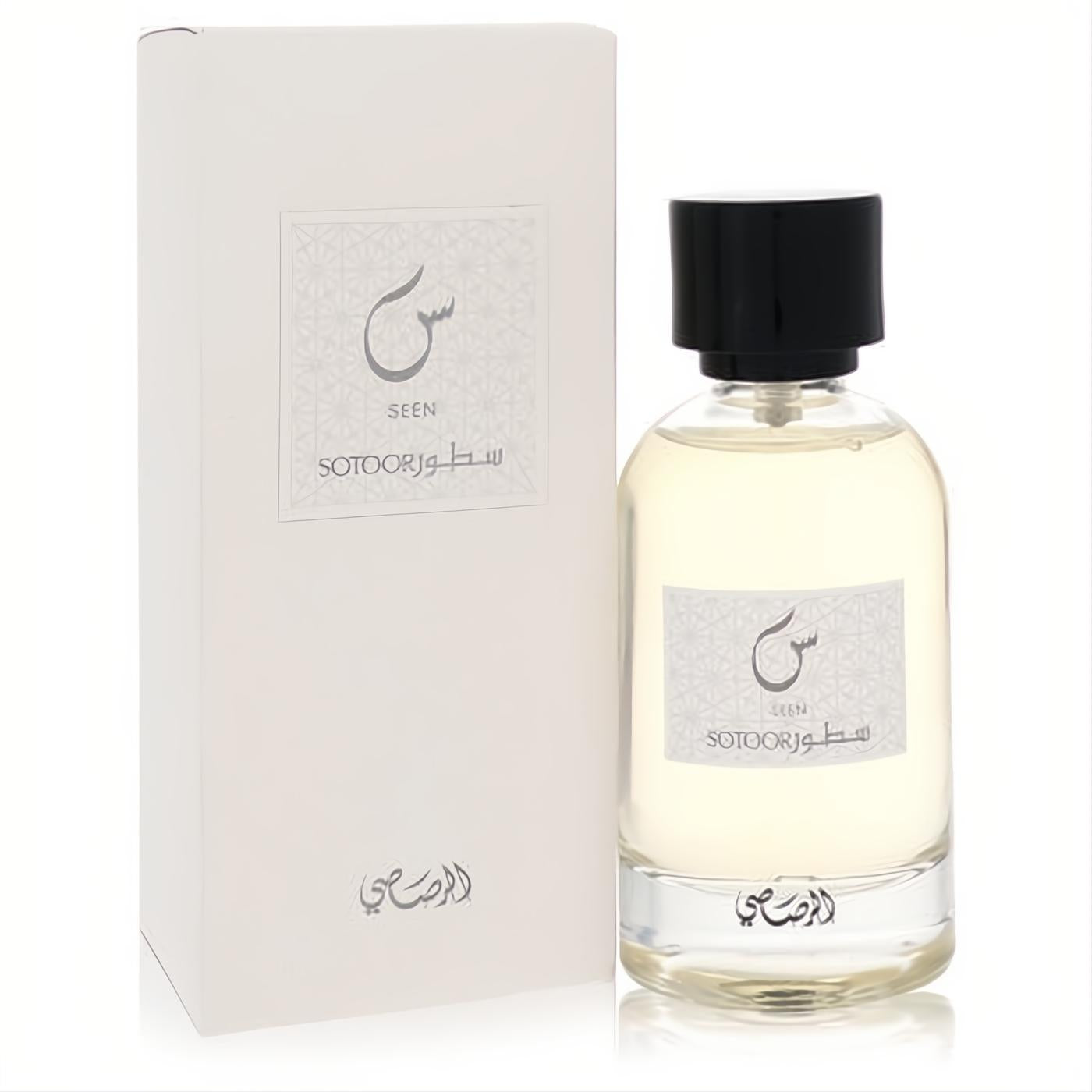 Sotoor Seen by Rasasi EDP: elegant clear glass bottle with black cap, light amber liquid, and matching white box.