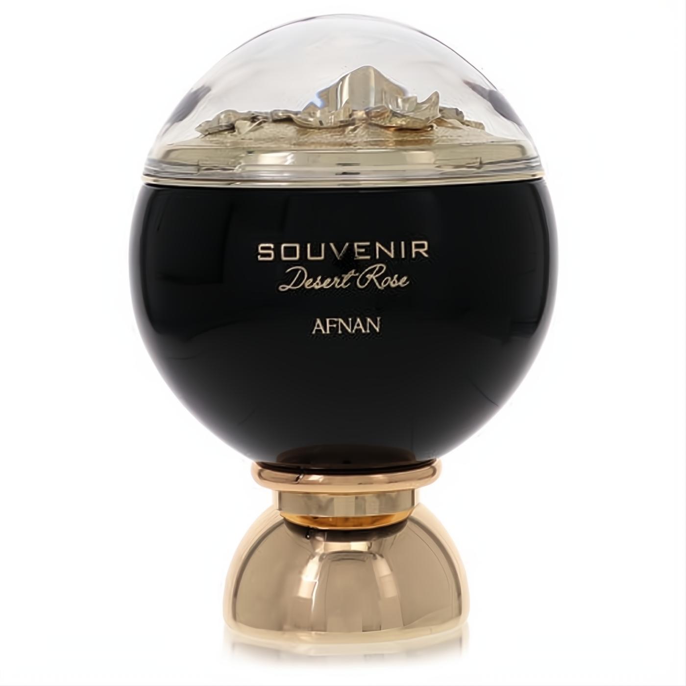 Afnan Souvenir Desert Rose EDP: elegant black bottle, gleaming gold base, clear dome cap with intricate gold desert rose design. 3.4 oz.
